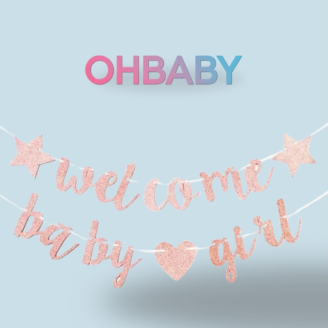 Glitter Welcome Baby Girl Baby Boy Heart Banner Flags Birthday Gender Reveal Party