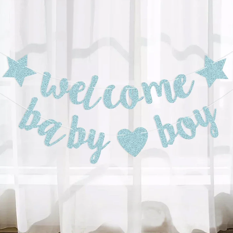 Glitter Welcome Baby Girl Baby Boy Heart Banner Flags Birthday Gender Reveal Party