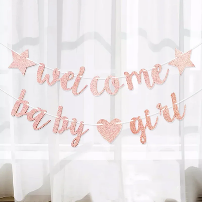 Glitter Welcome Baby Girl Baby Boy Heart Banner Flags Birthday Gender Reveal Party